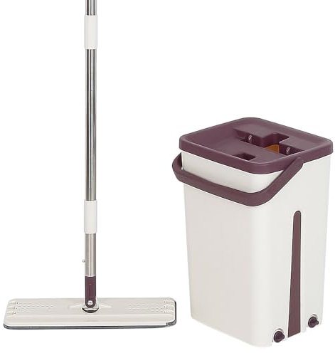Serpillière Seau Essoreur à Pédale, Balai Magique et Seau, Rotative 360° Sceau Menage Essoreur avec Manche Téléscopique en INOX pour Lavage de Sol -À gratter - Marron