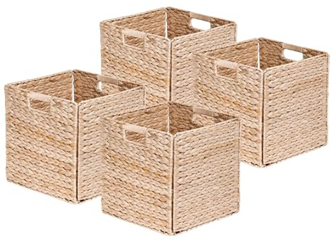 Box and beyond – Juego de 4 cestas de almacenamiento – 31 x 31 x 31 cm – Jacinto de agua natural – Plegables – con asas – Almacenamiento, decoración – dormitorio, sala de estar, oficina – Estilo