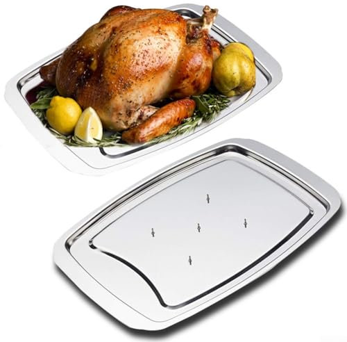 Estante de acero inoxidable para pavos, lavable, plato de pollo asado, bandeja para hornear con pinchos, adecuada para tallar pavo, 35,5 x 25 x 1,5 cm