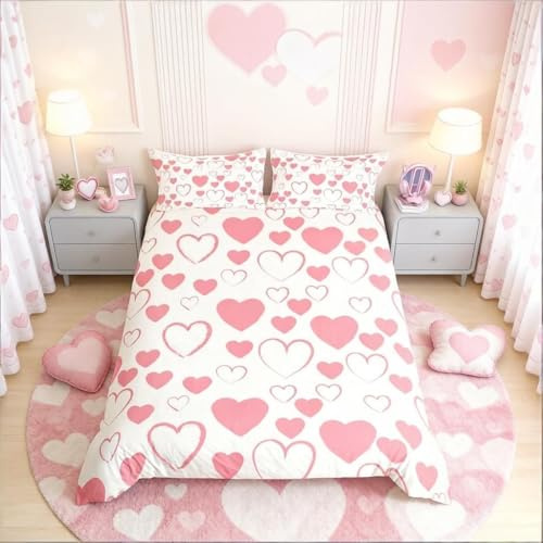 Loussiesd - Copripiumino singolo con motivo cuori, rosa, per coppie e donne, moderno e minimalista, in microfibra ultra fine, 1 federa, con cerniera