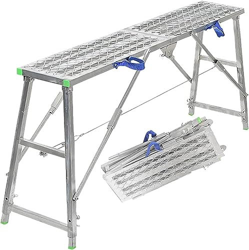 Generico Piattaforma di ponteggio Pieghevole ad Altezza Regolabile per impieghi gravosi con Scala in Acciaio zincato Antiscivolo, Dimensioni 200 cm