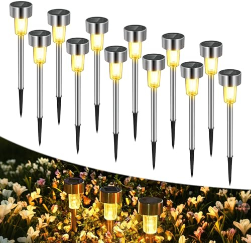 Paquete de 12 Luces Solares Jardín LED, Sin Cables Lámpara de Camino de Exterior Jardín, Acero Inoxidable Impermeable IP44, Lamparas Solares para Patio, Césped, Terraza, Entrada(Luz Blanca Cálida)