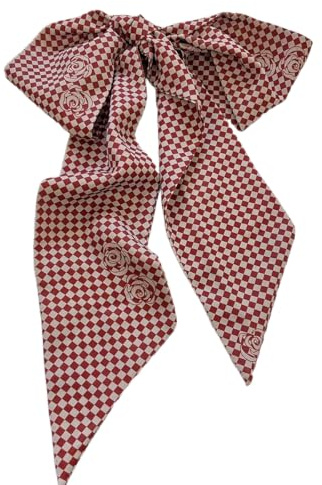 GIMIRO Eleganter Damen-Seidenschal 140 x 9cm Karierter Seidenschal mit Rosenmuster, Rot-Weiß Karo-Design, Vintage-Stil (Claret Pale Mini Plaid Rose)