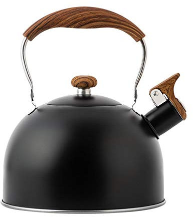 XWBLDBDFC Bouilloire sifflante de camping avec poignée en bois anti-brûlure pour cuisinière à gaz, cuisinière à induction, théière de cuisine, théière à café, thé en acier inoxydable, noir