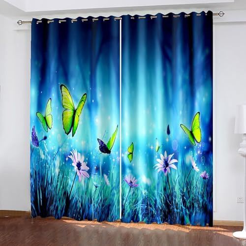 AMDXD Lot de 2 rideaux occultants, décoratifs avec motif herbe, fleurs et papillons, rideaux thermiques, protection contre le froid, isolation phonique, bleu, vert, rose, l 132 x H 183 cm