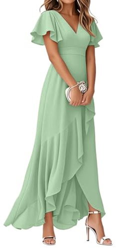 Minetom Robe De Soirée pour Mariage Invité Longue Femme Col V Mousseline A Line Manches Courtes Plissé Fendue Fluide A Vert Clair XXL