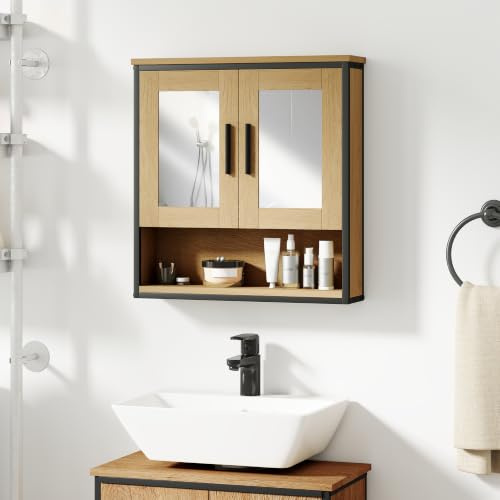 HOMCOM Armoire Murale Salle de Bain avec Miroir Chêne Étagère Réglable | Meuble Salle de Bain, Armoire de Toilette, Compartiment Ouvert