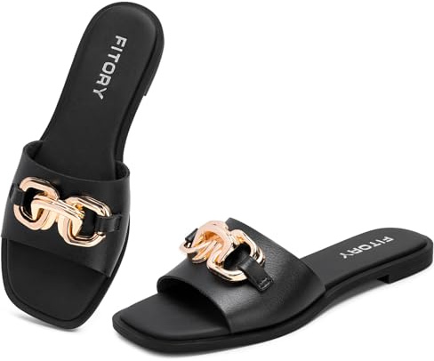 FITORY Women's Flat Sandals Fashion Slides With Soft Leather Slippers for Summer All Black Size 8