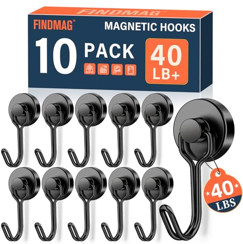 FINDMAG Magnetic Hooks, 40lb+ Black Magnetic Hooks for Classroom, 2026 Cruise Essentials, 10 Pack Strong Magnet Hook Heavy Duty, Neodymium Magnet Hooks for Cruise, Workplace, Home Storage, Kitchen