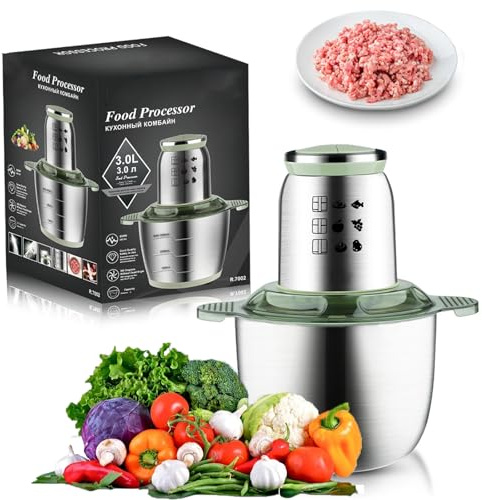 Food Processor Meat Grinder 600W - Stainless Steel Bowl with Scale, Double Stirring Blades for Chopping Meat, Veggies, Fruits, Electric Kitchen Chopper and Egg Beater