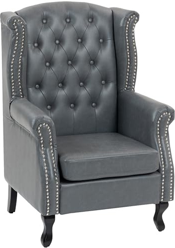 HOMCOM Wingback Armchair, PU Leather Accent Chair, Button Tufted, Grey