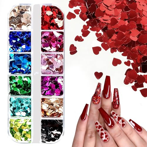 Ongles Cœur Pailletés, 1 boîte de Paillettes Holographiques pour Ongles, Paillettes Nail Art Saint-Valentin, Décoration DIY pour les Ongle, Visage, Yeux, Cheveux et Corps