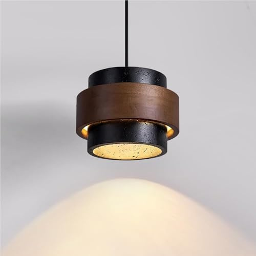 Black Natural Stone Cylindrical Pendant Light Rustic Wood Ring Hanging Lamp Mid Century Modern Hanging Light GX53 Base for Farmhouse Kitchen Island Dining Room Bedroom Living Room