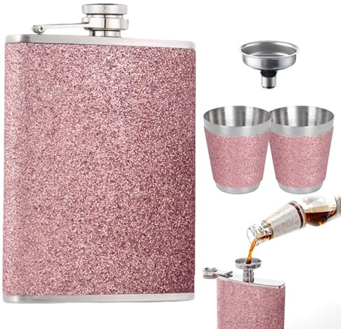 FAINCA Petacas Portátil cuero PU, 8 oz Petacas de Alcohol 1 Embudo Acero Inoxidable 2 Copas Vino, Set Petaca Mujer Pequeña Todo Tipo para Bodas al Aire Libre Camping Excursiones (Rosa)