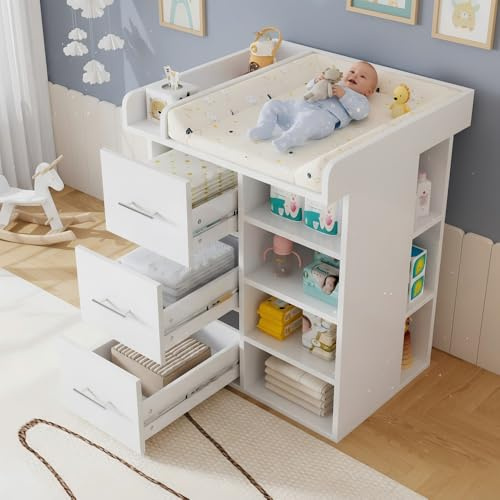 I0I&I0I Wickeltisch Kommode mit 3 Schubladen seitlichen Fächern verstellbaren Regalen großem Stauraum optimale Organisation für Babyzimmer (White + Wood)