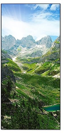 banjado® Magnettafel 37 x 78cm / Magnetwand aus Metall/Magnetpinnwand als Memoboard/Pinnwand Magnettafel Küche, Büro, Kinderzimmer inkl. 4 Magnete & Montageset - Motiv Bergsee Alpen