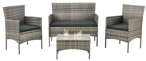 Juskys Polyrattan Sitzgruppe Fort Myers 4 Personen mit 2er Sofa, 2 Stühle, Tisch & Sitzkissen wetterfest grau-meliert Balkonmöbel Gartenmöbel Set