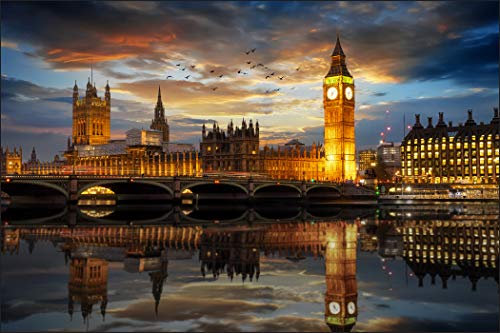 Muralo Photographic Wallpaper Architecture 270 x 405 cm Non-Woven Wallpaper River Bridge London Night Living Room Bedroom Modern Wall Decoration