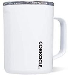 Corkcicle Origins Reise-Kaffeetasse, dreifach isolierter Edelstahlbecher mit Griff für Tee, heiße Schokolade, Kaffee und mehr, auslaufsicher, wiederverwendbar, spülmaschinenfest, glänzend, Weiß, 475