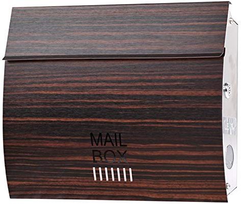 KATANABOX MB-4801 Wall Mount Locking Mail Box, Large Stainless Steel Post Box with Key, Modern Mid Century Wall Mounted Secure Letterbox for House or Office – Ebony Wood