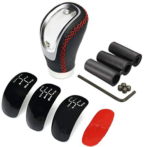 Goolsky Car Gear Shift Knob, 5 6 Speed Black PU Leather Manual Shifter Lever Handle Stick with 3 Cap Replacement for 8mm 10mm 12mm Port Gear Lever