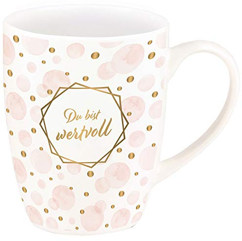Kawohl Porzellan Tasse aus der Gold-Edition - Du bist wertvoll - Zylindrisch - Rosa - Luxus-Design mit Echtgold-Dekor - 10,5 cm