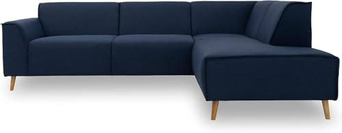 DOMO. collection Ecksofa Jules FK, skandinavisches Sofa mit Federkern, Couch Garnitur mit Holzfüßen, 263 x 191 x 81 cm (BxTxH), Ottomane rechts, dunkelblau | Ottomane rechts mit Federkern und Holzfüßen in L-Form mit Biese-Naht, 263 x 191 x 81 cm (BxTxH), bequem & modern