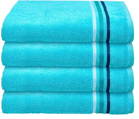 Schiesser Handtuch | 4er Set | 100% Baumwolle | Türkis | Streifenbordüre | 50x100 cm | flauschig & saugstark | sorgfältig eingenähter Kordelaufhänger | OEKO-TEX® MADE IN GREEN