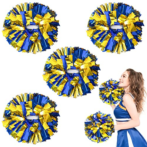 HOLENGS 4 Stück Aufgewertete 30,5 cm Metallische Cheerleading Pom Poms, Cheerleader Pompons Cheer Poms für Kinder Erwachsene, Cheering Squad Pompons für Schulsport Spiele Tanzparty (Blau und Gold)