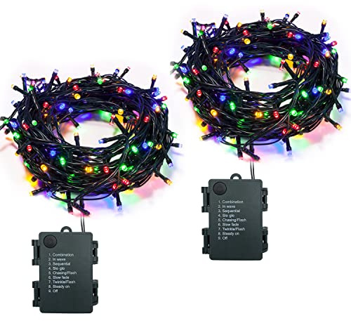Guirlande lumineuse à piles avec minuteur, 2 pièces, 10 m, 100 LED, pour extérieur et intérieur, à piles avec 8 modes, batterie, pour Noël, Halloween, jardin, balcon, mariage, décoration, bricolage
