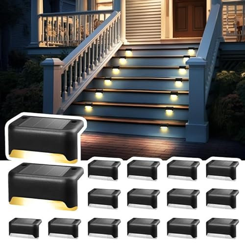 Solpex Luci solari per esterni, 16 pezzi, luci a LED impermeabili per scale esterne, gradini, recinzioni, cortili, patio, grondaia, sentiero, decorazione (nero, bianco caldo)