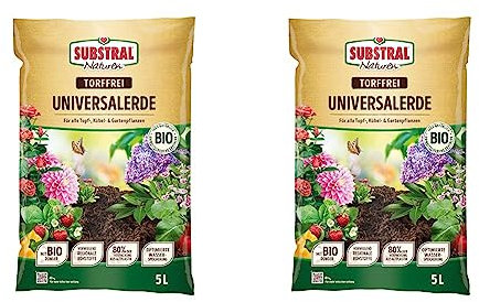 Substral Naturen Universalerde Bio & torffrei, für Zimmer-, Balkon und Kübelpflanzen, in Beeten und Rabatten, 5 L, Grün (Packung mit 2)