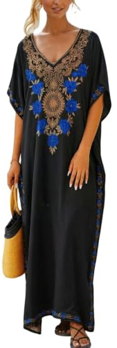 YOUKD Broderad blommig lös kaftan, boho, strand, bikini, filt, klänning, plusstorlek, för kvinnor, b svart, One size