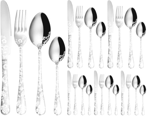 XIAOYU Juego de Cubiertos de 24 Piezas, Juego de Cubiertos de Acero Inoxidable para 6, diseño de patrón de Flores de peonía, Jucubiertos que incluye cuchillos/tenedores/cucharas, Plata