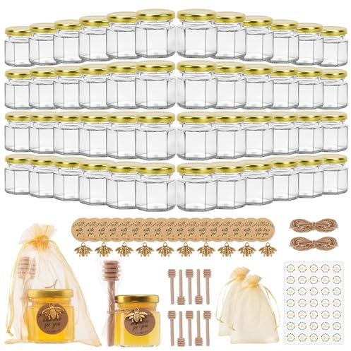 SZUAH 48 Pack 1.5 oz Mini Honey Jars with Dipper, Glass Hexagon Honey Jar for Wedding Favors, Empty Glass Jars for Party Favor