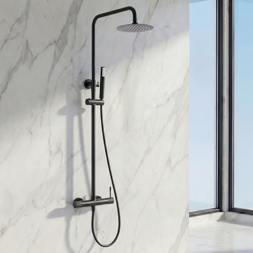 IMEX - Columna Ducha Negra Monomando con Grifo | Conjunto de Ducha con Alcachofa y Rociador Antical | Griferia en Latón y Acero Inox S.304 con Barra Extensible | Serie Line