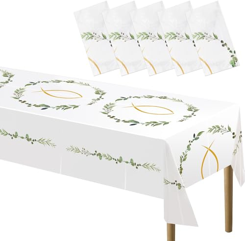 Kommunion Tischdecke, Konfirmation Tischdeko, Taufe Junge Deko Tischtuch, Fische Kommunion Partytischdecke Mädchen für Erstekommunion Deko, Taufe Party Dekoration 130 * 275cm (5 Stück)