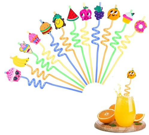 smtfcty Cartoon kinder strohhalme, 12 Stück Wiederverwendbare Plastik Strohhalm Neuheit Lockige Trinkhalme, Party Strohhalme, Bunte Obst Strohhalme für Geburtstag Weihnachten Dekorationen Party Zubehö