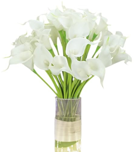 24Pcs Real Touch Artificial Calla Lilies Flowers - Latex Bloom with Soft PU Stem, Elegant Bridal Wedding Decor, Home Party Office Floral Arrangement, DIY Fake Flower Centerpiece (White)