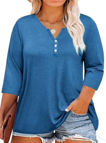 Fisoew Camicetta da Donna con Maniche a 3/4, con Scollo a V, con Bottone, Oversize, Maglietta a Tunica, Blu Navy, 3XL Plus