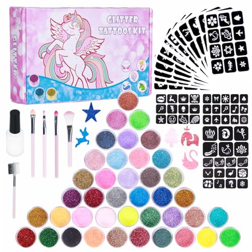 Glitzer Tattoo Set Kinder, DSYZWEE 40 Farben Temporäre Glitzertattoos mit 147 Schablonen, 5 Pinseln und 2 Klebern, Wasserfestes Tattoo Set für Mädchen und Jungen, Kindergeburtstag Party