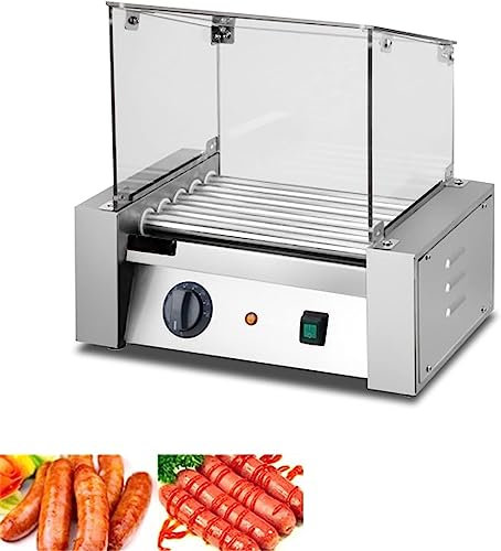 CAFIEDR Rullo per Hot Dog per griglia Macchina per Hot Dog da 700 W, griglia per Salsicce a 5 rulli con Controllo della Temperatura/Coperchio in Vetro Staccabile per la casa