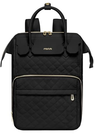 MOSISO Laptop Backpack for Women Men 15.6 inch, 15-16 inch Laptop Bag Rhombus Quilted Flight Approved Travel with PU Handle, Rucksack Bag Back Pack with USB Port for College Work Business, Black
