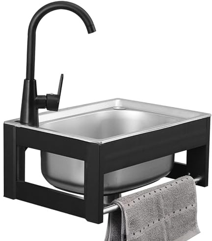 Freistehendes Waschbecken aus 304 Edelstahl, mit Wasserhahn und Rohr, Einzelschüssel, Handwaschbecken für Waschküche, Hauswirtschaftsraum, Bar, Waschbecken für Garage, Keller (50 x 40 cm)