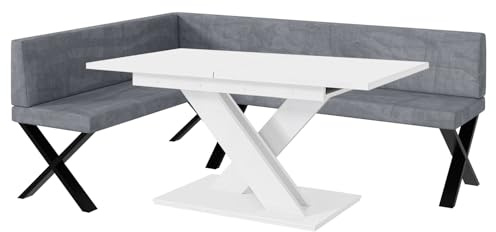 MEBLINI Eckbank für Esszimmer mit ausziehbarem Tisch - Küchenbank - Essecke - Sitzecke Küche - Toni - X-Beine 142x196x87cm Links - Grau Samt/B Weiß Matt