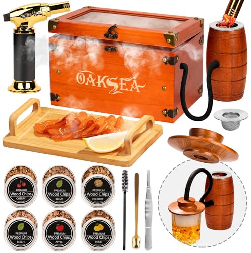 Old Fashioned Smoker Kit, Whiskey Smoker Kit, Gifts for Men Dad Him Stocking Stuffers, Smoker Box with Food Tray, 6PCS Flavor Wood Chips, Cocktail Smoker Kit (Butan Not Required)