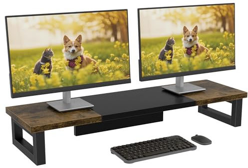 OYRREU Rehausseur Ecran, 91x26cm Rehausseur Ecran PC Bureau Support 2 Moniteur RéHausseur éCran Ordinateur, Support Double Ecran PC Laptop Monitor Stand Desk Shelf (Rétro Noir et Bois, 91x26x12,5cm)