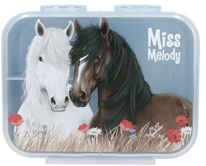 Depesche 13398 Miss Melody Dusty Rose - Brotdose in Hellblau, mit Pferde Motiv und Mohnblumen, Lunchbox mit 3 Fächern und transparentem Deckel