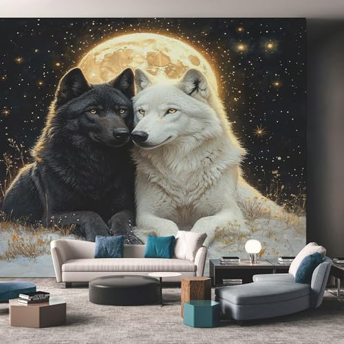 Générique Papier Peint Panoramique 350x256 cm Revêtement Mural pour Cuisine, Loup Lune Motif Mur Papier Peint Intissé, Animal Couple Noir et Blanc Décoration