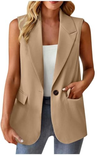 Gilet da donna senza maniche, sportivo, elegante, tinta unita, aperto, lungo, da ufficio, leggero, con tasche